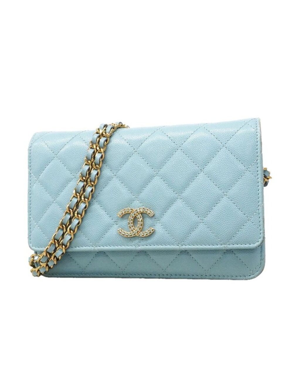 Chanel Wallet on Chain Quilted Caviar Leather Light Blue Gold Shoulder Bag